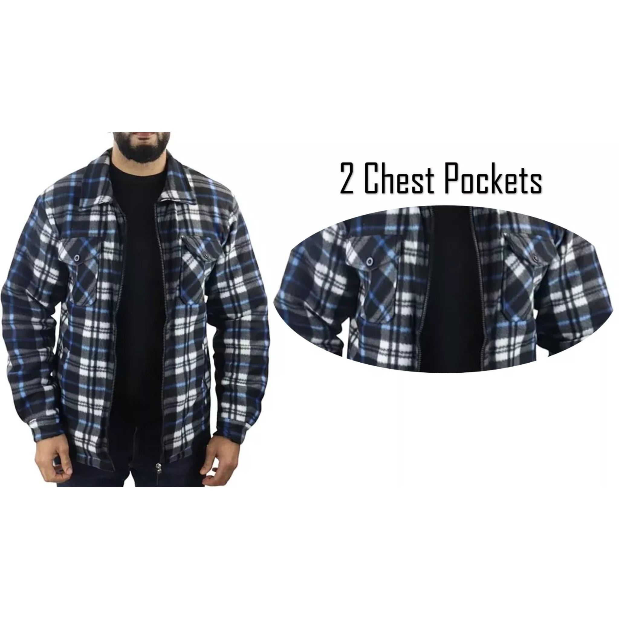 Men's zipped check fleece shirt in royal blue, black and white plaid pattern, warm long sleeve overshirt with chest pockets